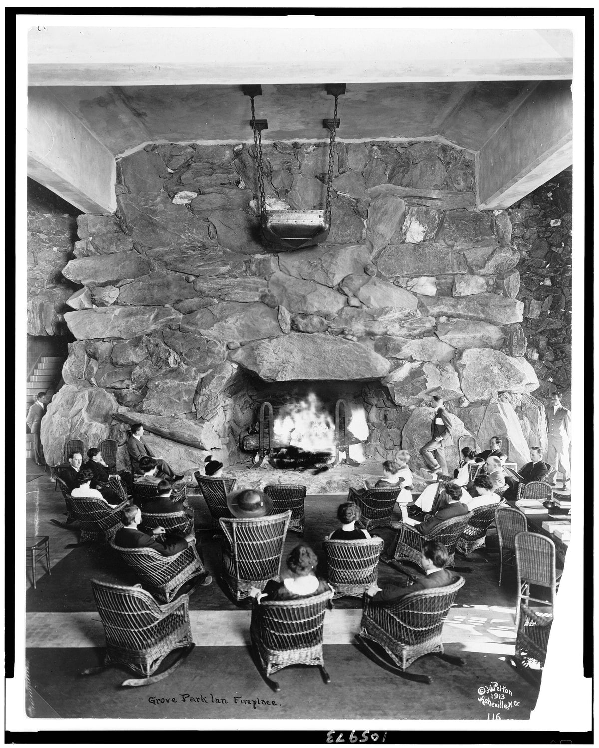 The Great Hall fireplace at the Grove Park Inn, Asheville, photographed in 1913